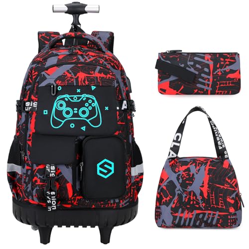 Scothen Cool Luminous Rolling Backpack for Boys with Lunch Bag Pencil Pouch - color: Red