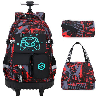 Scothen Cool Luminous Rolling Backpack for Boys with Lunch Bag Pencil Pouch - color: Red