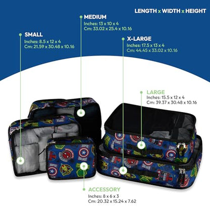 Marvel Comics 5-Piece Packing Cube Set - Spiderman, Ironman, Captain America - 5 Piece Packing Cubes Compression Travel Essential Accessories - Luggage Suitcase Organizer Set - For Kids, Adults - color: Blue