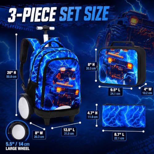3Pcs Large Rolling Backpack for Boys, 20 Inch Detachable Wheeled Bookbag with Lunch Box, Durable Lightning Truck Roller Backpack for Elementary Middle School (Blue) - color: Large Wheels Truck Blue