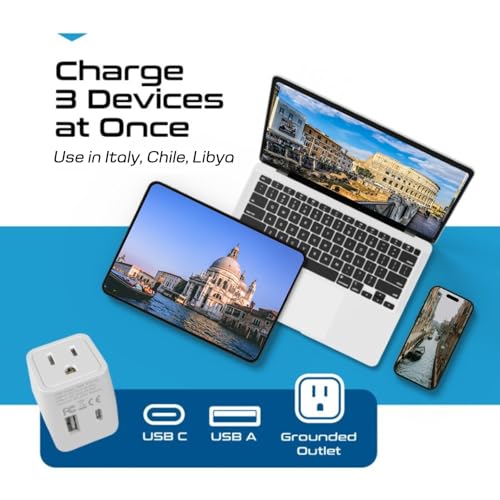 Ceptics Italy, Europe Travel Adapter Plug Set - 2 Pack - with 2 USB + USA Socket Input - Type L and Type C - Ultra Compact - Safe Grounded Perfect for Cell Phones, Laptops, Camera Chargers