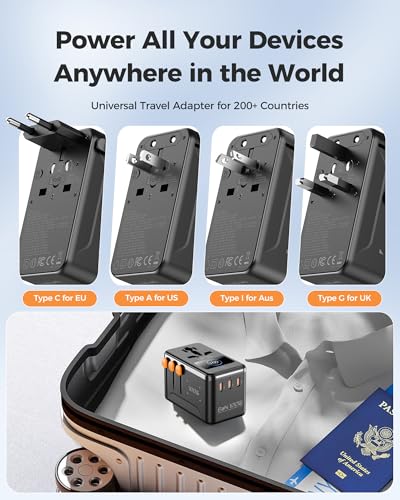 GaN 100W Universal Travel Adapter with Smart Display & 4 USB C/A Ports - color: GaN100W with Smart Display-Black