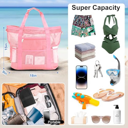 Mesh Beach Bags for Women - Plus Waterproof Sandproof Tote Bag - color: Pink With Top Zipper, size: Large