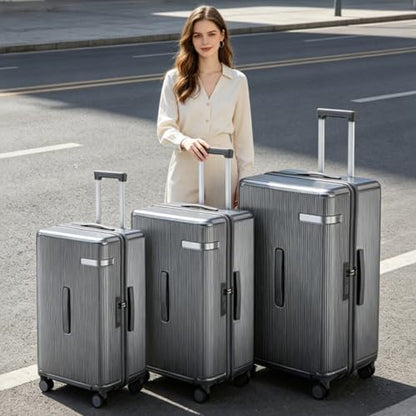 3 Piece Luggage Set with Spinner Wheels Cup Holder, Gray - color: Gray