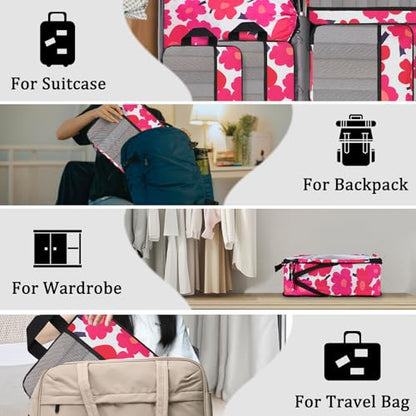 U+U 6 Set Compression Packing Cubes, Travel Organizers (Red Flower) - color: Red Flower, size: 6 Set