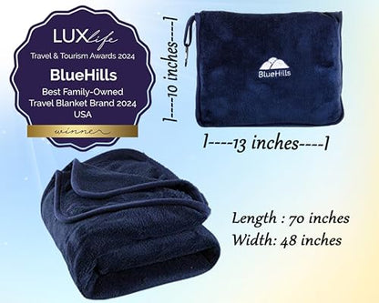 BlueHills Premium Soft Long Travel Blanket Pillow Airplane - Navy Blue - color: Navy-long-t051