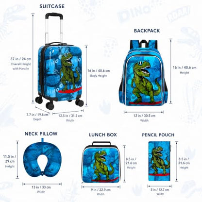 5PC Boys Luggage Set, Kids Dinosaur Suitcase, 16" Carry-On for Travel - color: 5PC Kids Luggage Set - Dinosaur Blue