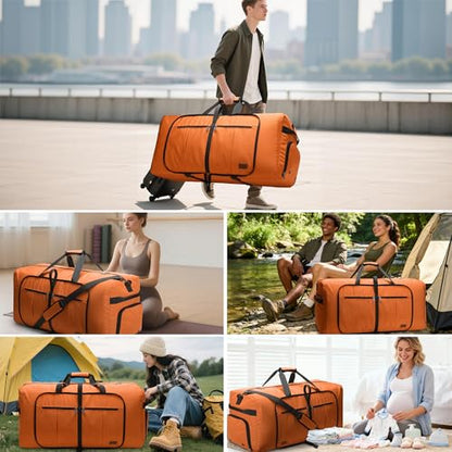 100L Large Waterproof Foldable Travel Duffel Bag with Shoe Compartment - color: Orange, size: 100L