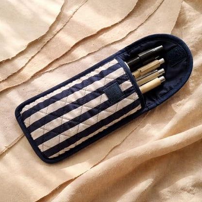 Soft Eyeglass Pouch – Quilted Glasses Case and Multi Functional Travel Organizer - color: Dark Blue + White Stripes - Cotton