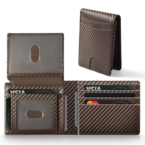 GNDR Wallet For Men RFID Blocking Coffee Leather Wallets Bifold Front Pocket Carbon Fiber Card Holder Mens Accessories With Gift Box - color: Coffee carbon fiber-02