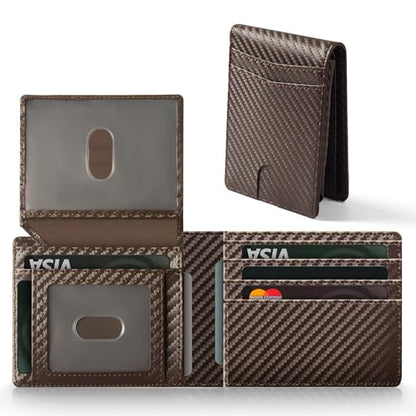 GNDR Wallet For Men RFID Blocking Coffee Leather Wallets Bifold Front Pocket Carbon Fiber Card Holder Mens Accessories With Gift Box - color: Coffee carbon fiber-02