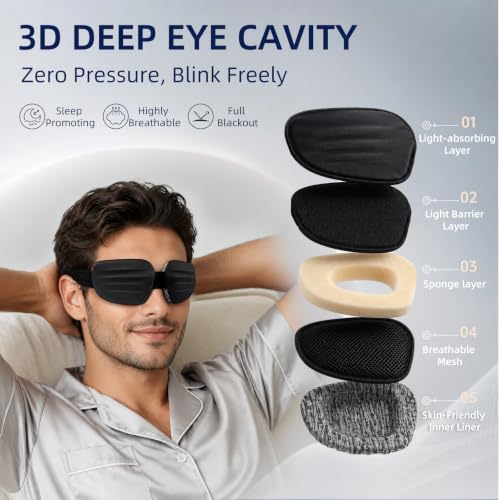 CLOZIA Eye Mask for Men, 3D Deep Eye Cups Blackout Sleep Mask - color: Flaxen Gray