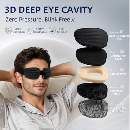 CLOZIA Eye Mask for Men, 3D Deep Eye Cups Blackout Sleep Mask - color: Flaxen Gray