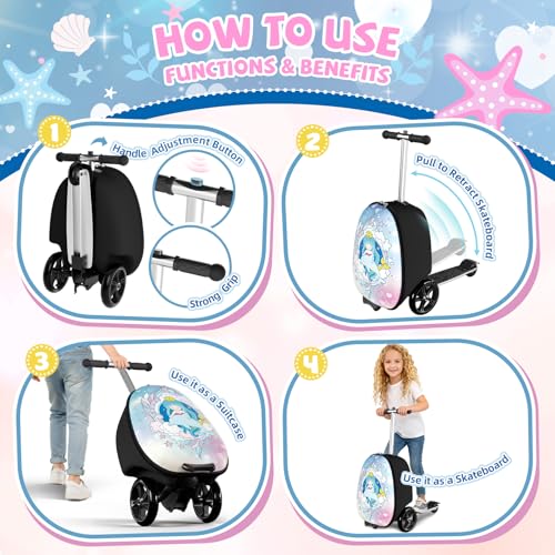 Baotree Scooter Suitcase for Kids, 2 in 1 Ride-on Luggage with Flash PU Wheels, Adjustable Handle & TPR Non-Slip Grip, Foldable & Lightweight, Ages 5-12 - color: Light Blue