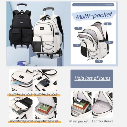 Rolling Backpack for Boys with Wheels Roller Laptop Bookbag for Kids - color: H 6 Wheels-light Grey