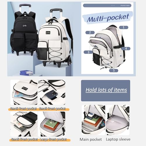 Rolling Backpack for Boys with Wheels Roller Laptop Bookbag for Kids - color: H 2 Wheels-light Grey
