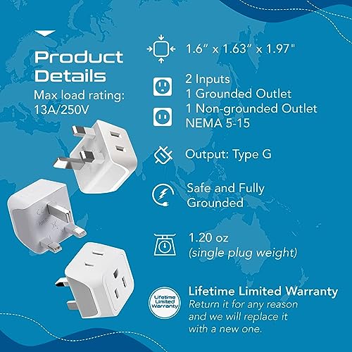 Ceptics 2 in 1 UK Adapters for Travel, Dual USA Input, Grounded, Pack of 3 - color: White