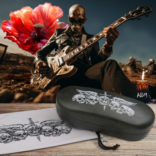 MyEyeglassCase - Large Sunglasses Case - Hard Glasses Case Holder w/Pouch & Cloth - Eyeglass Case Aviator Frames Men & Women - color: Grey Skulls