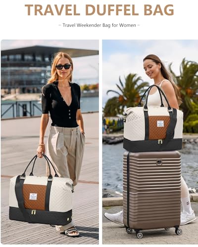Travel Weekender Duffle Bag for Women: Overnight Bags with Shoe Compartment - color: Black White Brown, size: Large