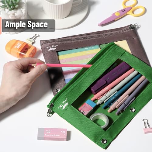Mr. Pen- Pencil Pouch for 3 Ring Binder, 2 Pack, 10"x6.75", Smooth Zipper - color: Dark Green and Brown, size: 2 Pack