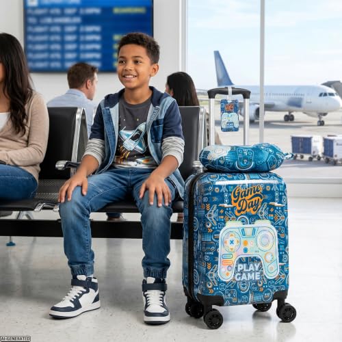 Kids Luggage Set Carry On Suitcase with U shaped Pillow Rolling Toddler Suitcase for Boys Travel Set Hardside Luggage with Spinner Wheels Airline Approved, Game Controller Pattern - color: 1 Game Controller