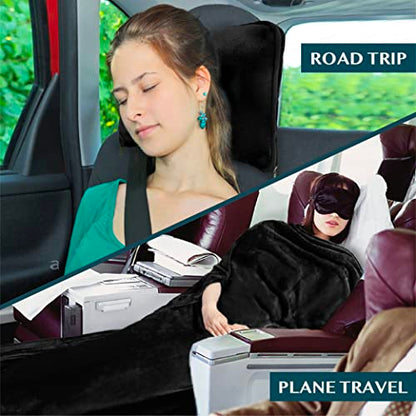 PAVILIA Compact 2-in-1 Travel Blanket Pillow for Airplane Flight, Black - color: Black