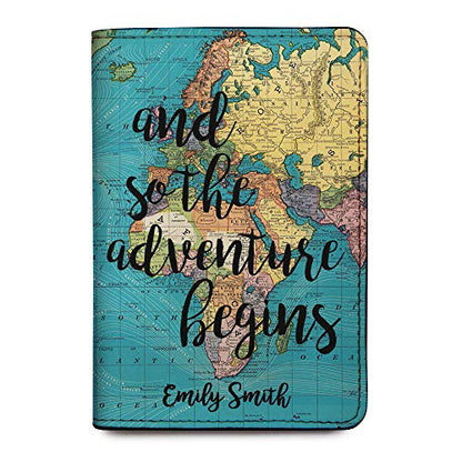 Personalized Passport Holder - Custom Vegan Leather RFID Passport Cover - color: And So The Adventure Begins