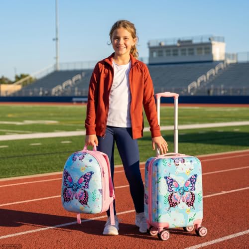 Kid's Hardshell Luggage Sets 4 Piece Rolling Suitcases with Wheels for Girls Women 16" Carry on Luggage Toddler Travel Suitcase Set - color: Pink Butterfly