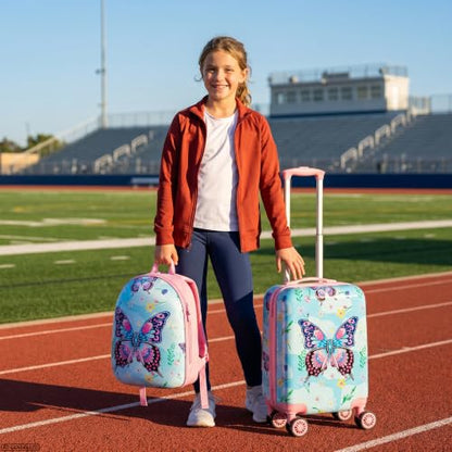Kid's Hardshell Luggage Sets 4 Piece Rolling Suitcases with Wheels for Girls Women 16" Carry on Luggage Toddler Travel Suitcase Set - color: Pink Butterfly