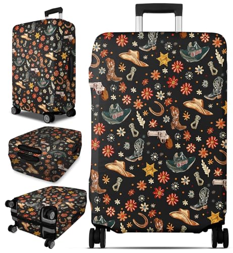 Slohif Luggage Cover for Suitcase Tsa Approved Protector - Brown Cowboy Boots Print Luggage Sleeve Medium Suit Case Cover Travel Stretch Baggage Case Protective Washable Fit 24-27 Inch - color: Brown Cowboy, size: M-(24-27)Inch