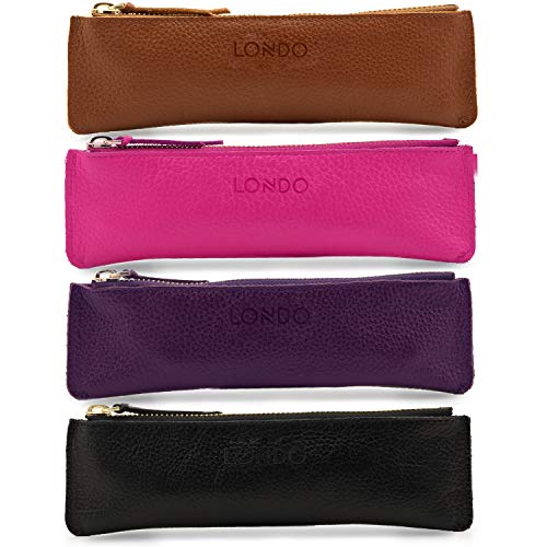 Londo Genuine Leather Pen Case with Zipper Closure, Pencil Pouch Stationery Bag - color: Pink