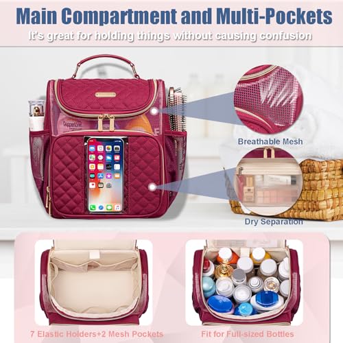 Otevan Large Toiletry Bag for Women Men,Quick Dry Hanging Toiletry Bag - color: WineRed