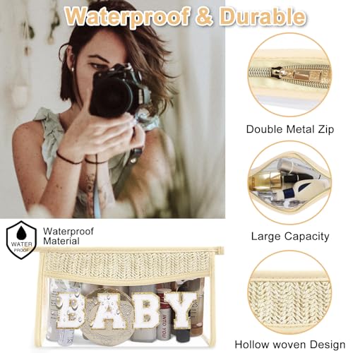 Cute Boho Patch Baby Bag Clear Makeup Letter Bag, Waterproof Zipper Make up Bags Toiletry Pouch for Women Girls, Clear Letter Patch Cosmetic Bags Transparent Organizer Pouch for Travel(Baby, Beige) - color: Baby-Beige