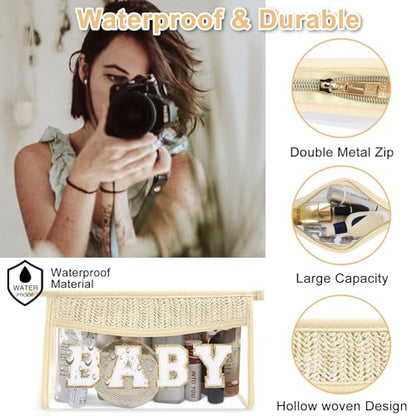 Cute Boho Patch Baby Bag Clear Makeup Letter Bag, Waterproof Zipper Make up Bags Toiletry Pouch for Women Girls, Clear Letter Patch Cosmetic Bags Transparent Organizer Pouch for Travel(Baby, Beige) - color: Baby-Beige