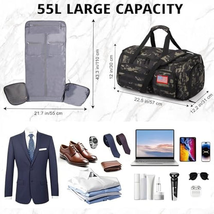 Duffle Bag for Men,55L Convertible Tactical Garment Bag for Business Trips - color: Camo Black