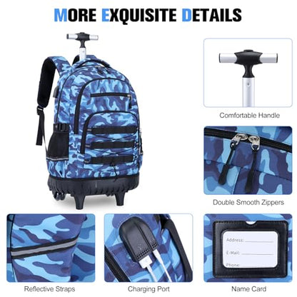 ACESAK 3PCS Camo Rolling Backpack for Boys with Lunch Box Pencil Case - color: Camo Blue