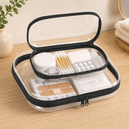 2 Pack Clear Hard Shell Zipper Case Travel Organizer for Makeup Toiletries - color: Black