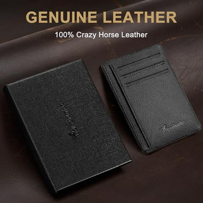 Travelambo 100% Genuine Leather Wallet for Men and Women, Slim Minimalist RFID Blocking Front Pocket Credit Card Holder with Gift Box(Cross Black) - color: Cross Black