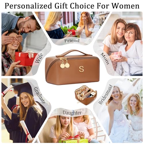 Gifts for Women Bridesmaid Initial Makeup Bag | Personalized PU Leather Cosmetic Waterproof Travel Toiletry Bag (Large-Brown-S) - color: LargeBrown, style: S