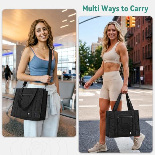 Puffer Tote Bag for Women, Lightweight Laptop Travel Tote Bags with Cup Holder & Trolley Sleeve for Work Gym - color: 02-black