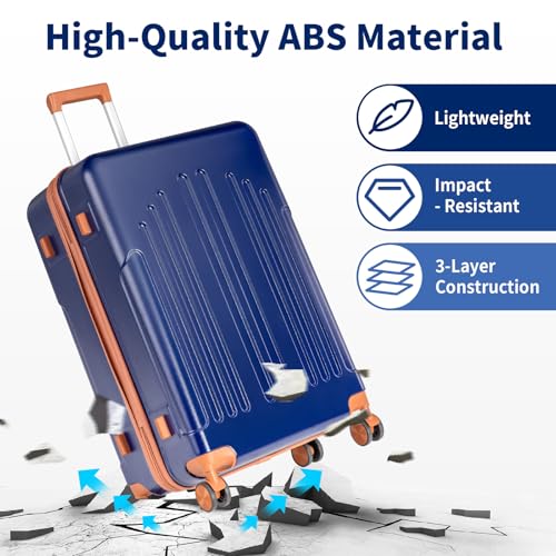 Karl home 28in Checked Luggage, Large Suitcase with Wheels, Blue & Brown - color: Navy Blue & Brown, size: 28 Inch