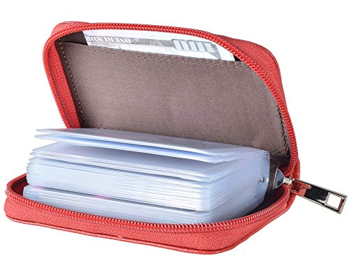 Easyoulife Genuine Leather Credit Card Holder Zipper Wallet With 26 Card Slots - color: Red, size: small