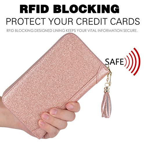 Easyoulife Credit Card Holder Wallet Womens Zipper Leather Case Purse RFID Blocking - color: Glitter Gold