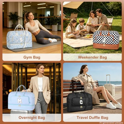 TIBES Gift for Her, Weekender Bag for Women Initial Travel Duffle Bag - color: Black & White Checkerboard, style: E