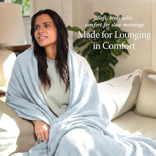 Threadmill Luxury 100% Cotton King Herringbone Blanket, Light Blue - color: Light Blue, size: King (106" x 92")