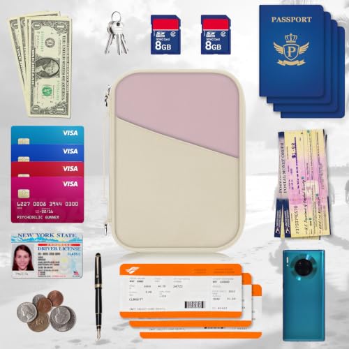 RFID 차단 기능이 있는 여행용 가족 여권 홀더, 여행 필수품 정리함 파우치 백, 여행용 가벼운 여권 지갑, 여성 및 남성용 필수 액세서리, 베이지+핑크 2, 경량 - color: 베이지+핑크 2, size: 라지