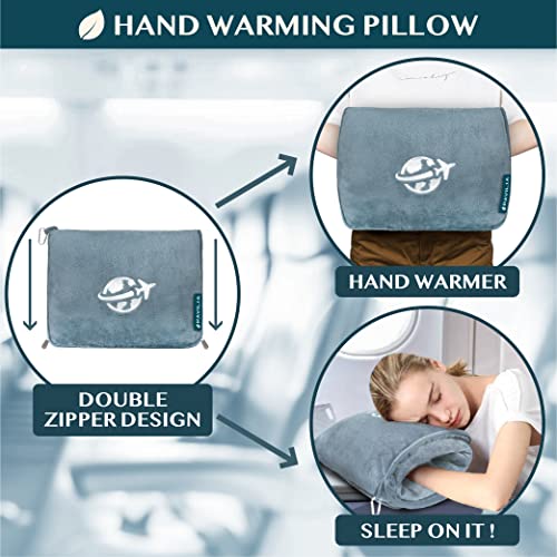 PAVILIA Compact 2-in-1 Travel Blanket Pillow for Airplane Flight, Blue - color: Dusty Blue