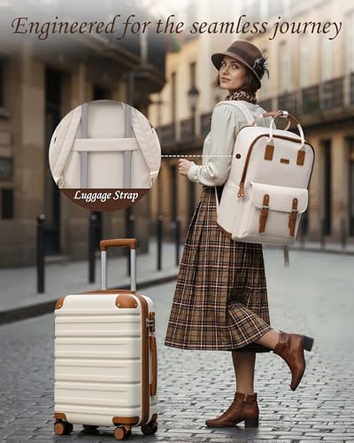 TAKUMI Luggage Sets, Hardside Suitcases with Wheels, White, 3pcs(Backpack) - color: WHITE BROWN, size: 3 Piece Set(BP)