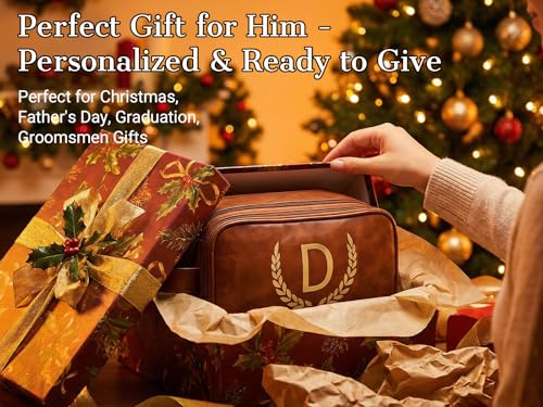 OXYEFEI Personalized Gifts for Men, Personalized Large Toiletry Bag for Men,Custom PU Leather Waterproof Mens Toiletry Travel with Initial Essential Dopp Kit Shaving Bag (B, Light Brown) - color: Light Brown, style: B