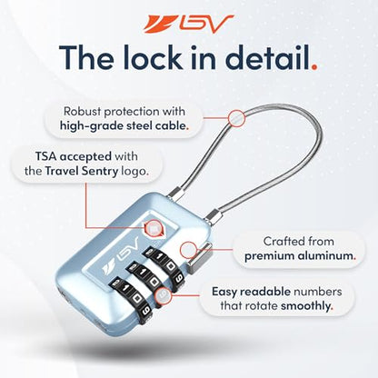 BV Luggage Locks TSA Accepted, Travel Sentry Approved 3-Digit Combination Suitcase Locks with Open Alert & Flexible Cable for Travel, Backpacks, Lockers, Cases, Arctic Blue, 2 Pack - color: Arctic Blue 2-Pack